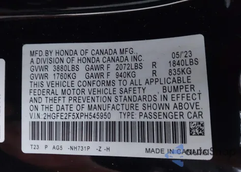 2023 Honda Civic Sport z USA, uszkodzony, nr VIN 2HGFE2F5XPH545950